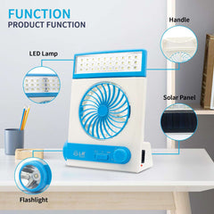 Ansee Solar Fan Camping Fan Cooling Table Fans 3 in 1 Multi-Function with Eye-Care LED Table Lamp Flashlight Torch Solar Panel Adaptor Plug for Home Use Camping (Blue) - Ideal Store