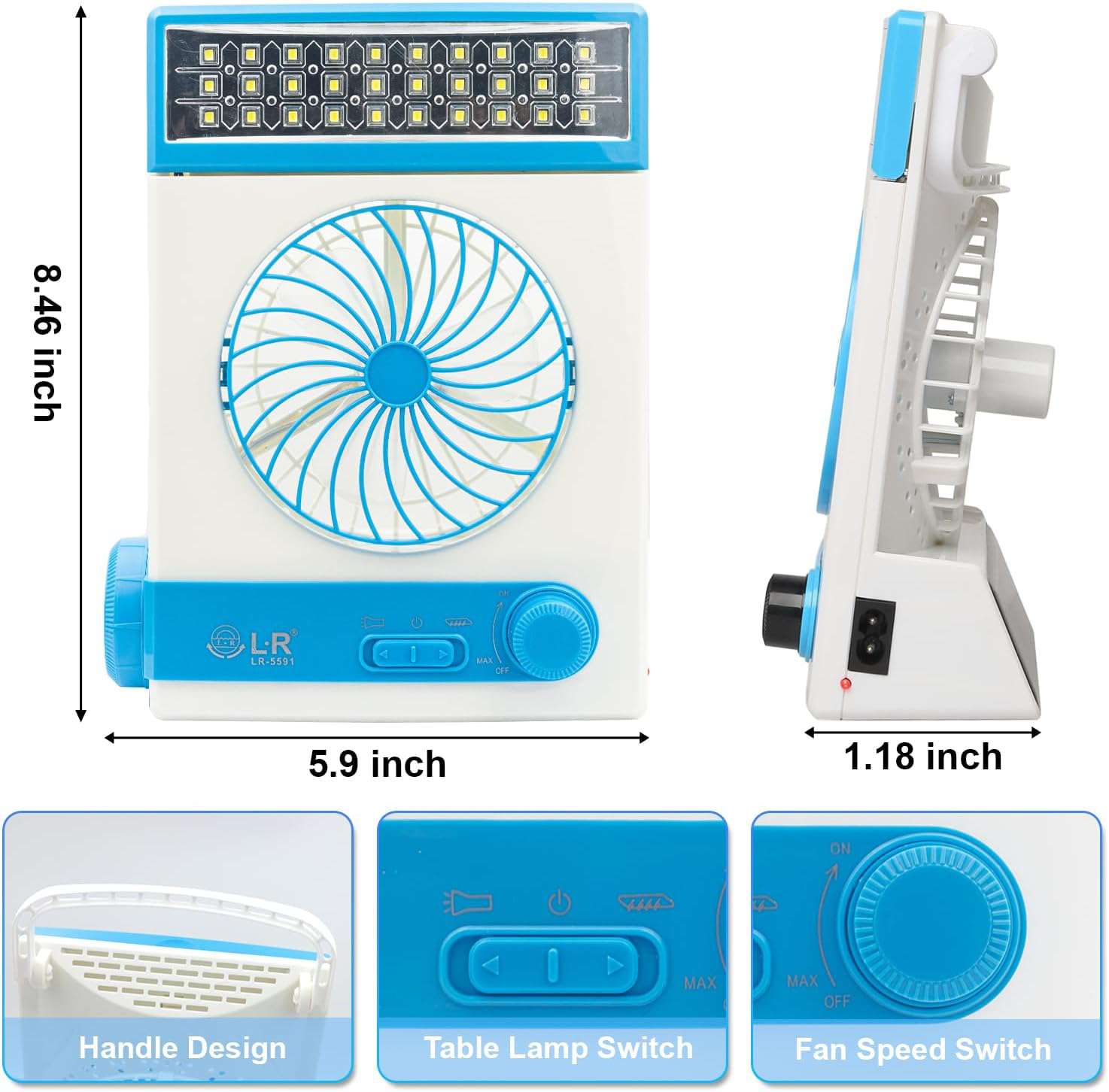 Ansee Solar Fan Camping Fan Cooling Table Fans 3 in 1 Multi-Function with Eye-Care LED Table Lamp Flashlight Torch Solar Panel Adaptor Plug for Home Use Camping (Blue) - Ideal Store