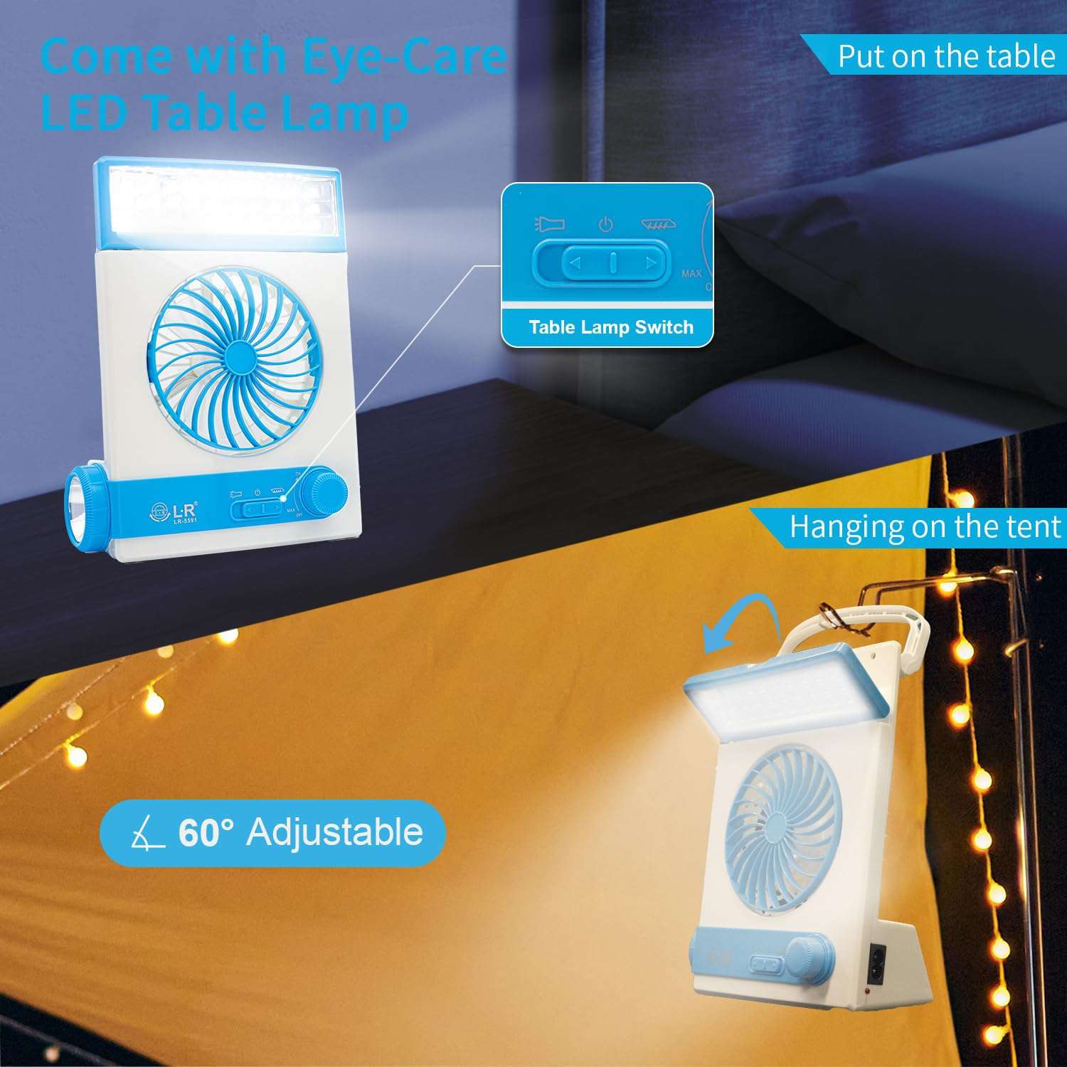 Ansee Solar Fan Camping Fan Cooling Table Fans 3 in 1 Multi-Function with Eye-Care LED Table Lamp Flashlight Torch Solar Panel Adaptor Plug for Home Use Camping (Blue) - Ideal Store