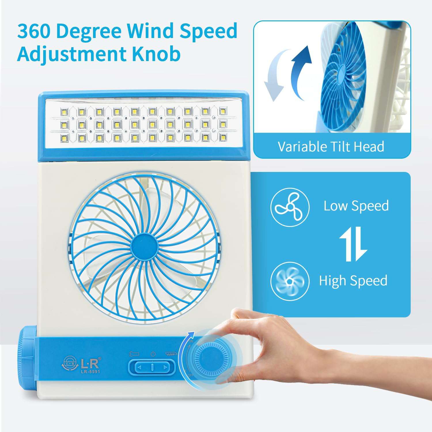 Ansee Solar Fan Camping Fan Cooling Table Fans 3 in 1 Multi-Function with Eye-Care LED Table Lamp Flashlight Torch Solar Panel Adaptor Plug for Home Use Camping (Blue) - Ideal Store