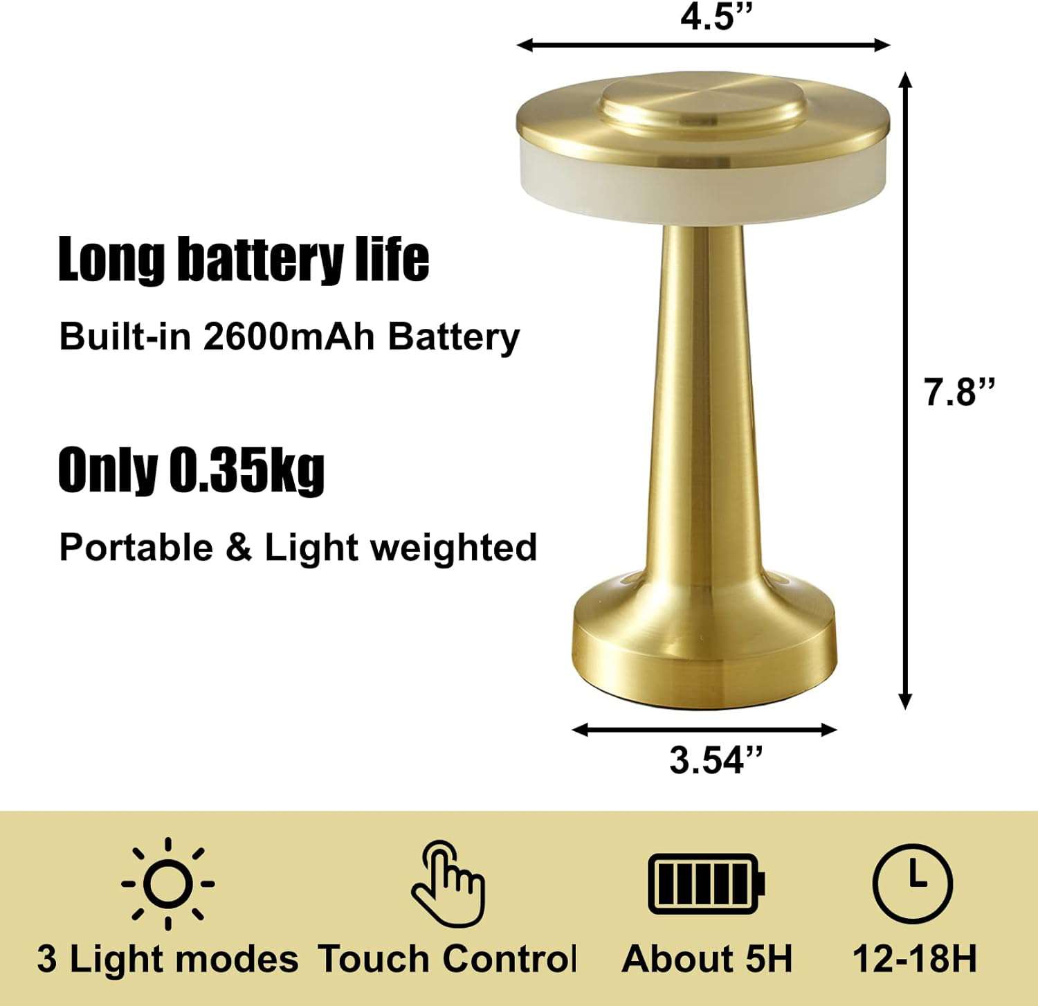 Premium Gold Cordless LED Table Lamp – Rechargeable Brass Finish Touch Lamp with 3 Brightness Levels - Ideal Store