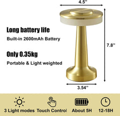 Premium Gold Cordless LED Table Lamp – Rechargeable Brass Finish Touch Lamp with 3 Brightness Levels - Ideal Store