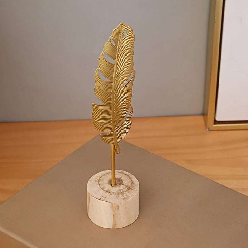 Golden Feather Decor on Wooden Base - IDEALSTORES